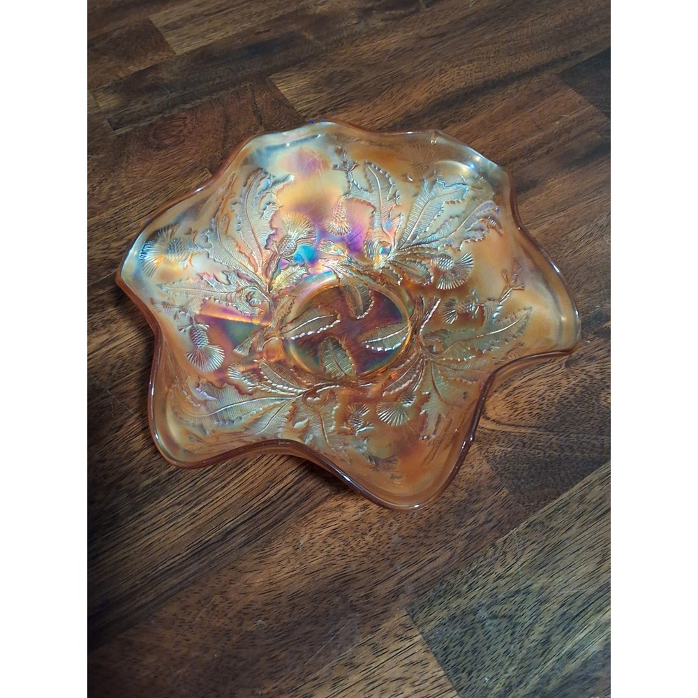 Antique Fenton Marigold Carnival Glass Thistle Ruffled Bowl 8.5 Inch